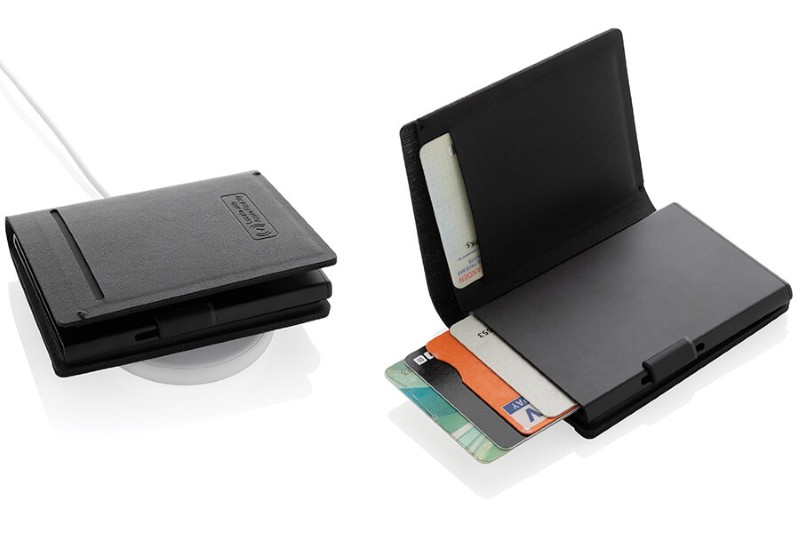 Cartera con rastreador inteligente compatible con Apple Find My sobre base de carga y tarjetero abierto con tarjetas