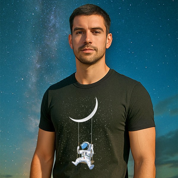 Hombre con camiseta negra con ilustración creativa, opción de regalo Camisetas estampadas Navidad para uso diario.